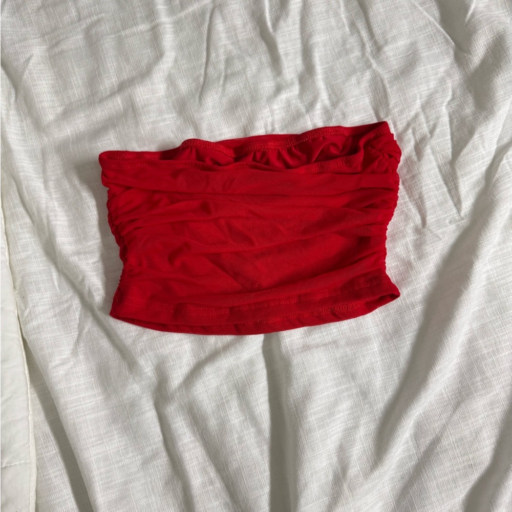 double layered mesh tube top in red, size small.